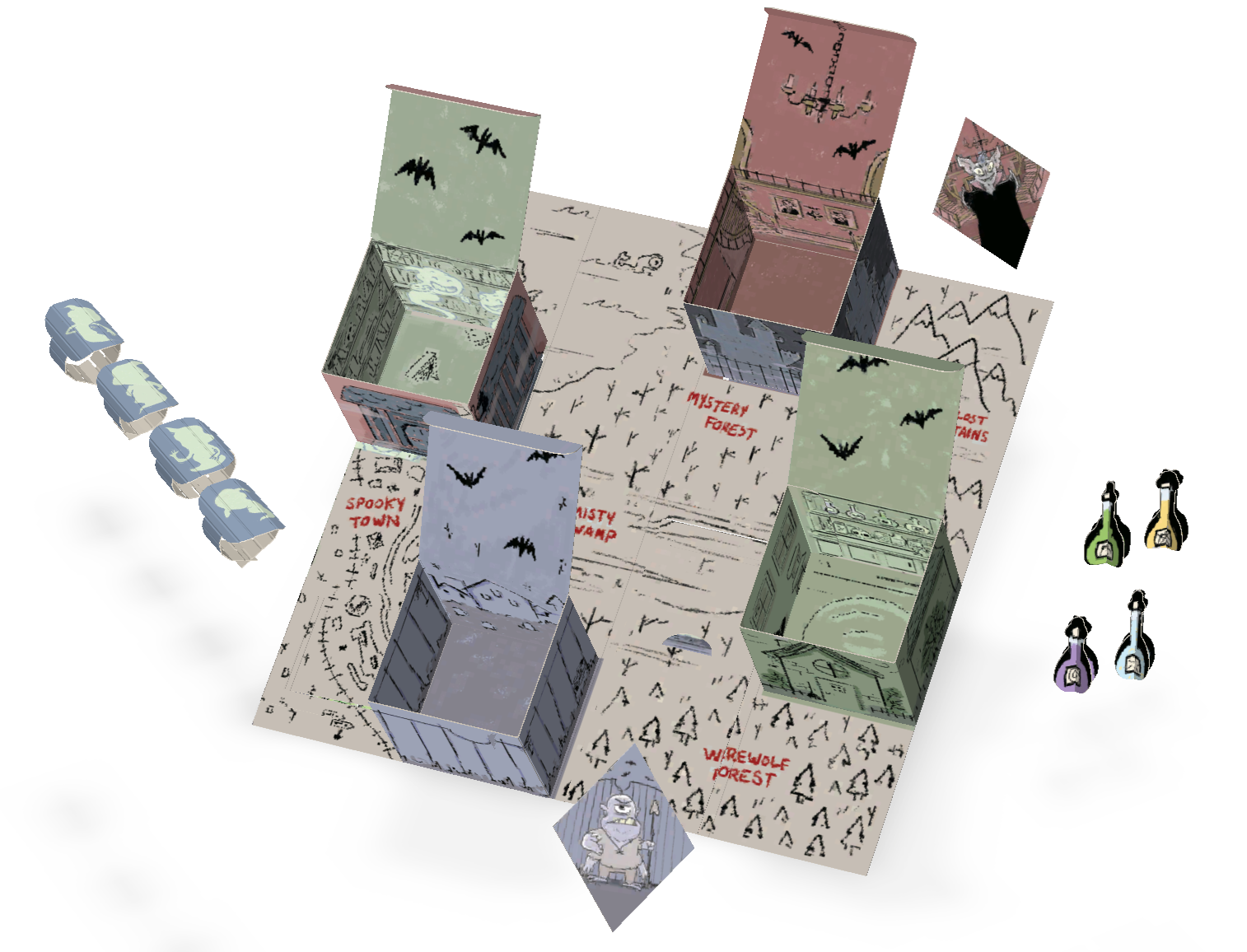 Render of the map un-rolled, showing the contents outside of their cubes. Two character cards, four ghost rings and four potion bottles.